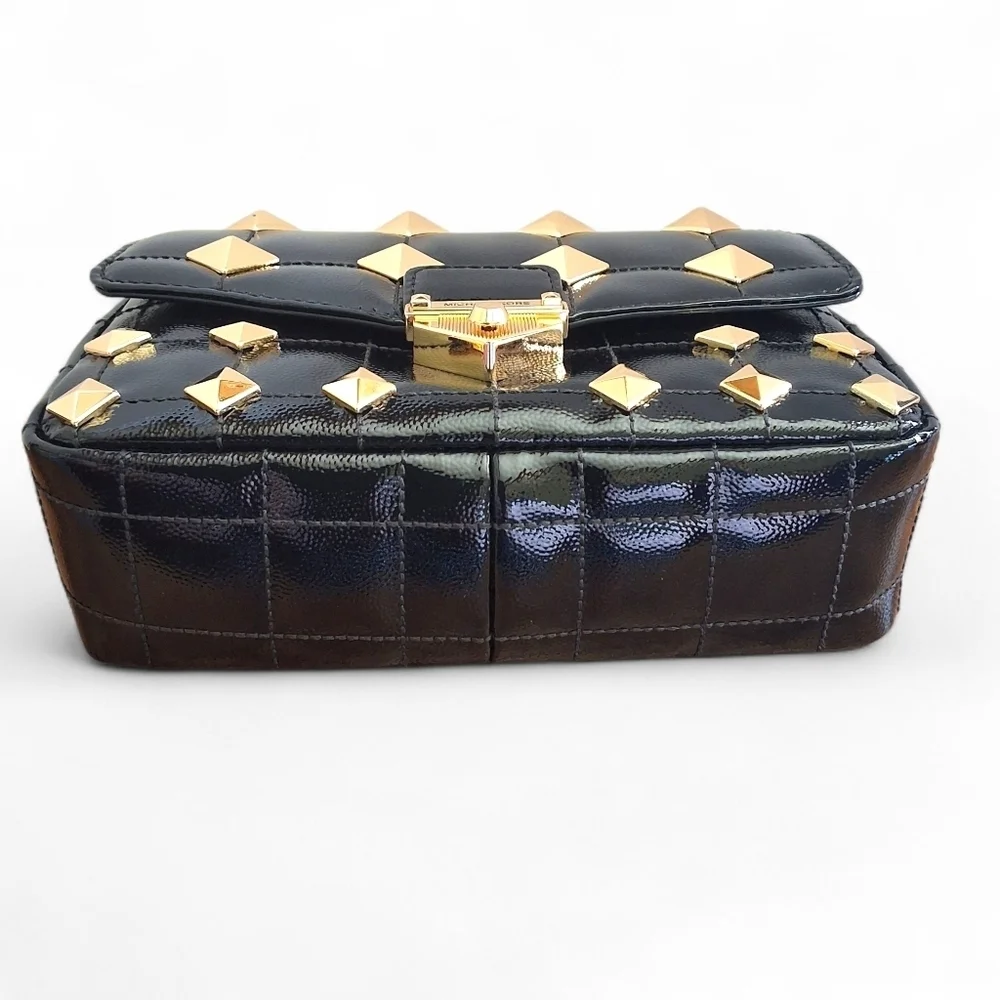 Michael Kors Whitney Studded Patent Leather Shoulder Bag Black Gold